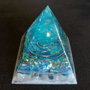 Blue aura quartz orgonite orgone resin pyramid with opalite selenite and apatite